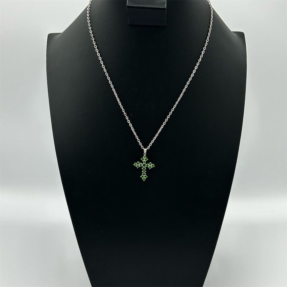Gold Toned Cross Necklace Green Rhinestone Pendant